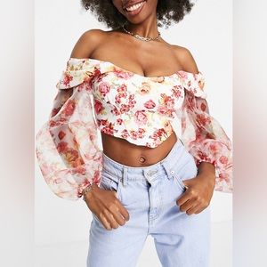 ASOS DESIGN fallen shoulder top with organza sleeve in pink floral print